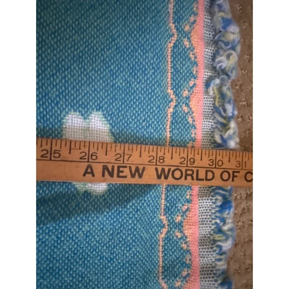 Vintage Precious Moments Baby Blanket Woven Tapestry Reversible Yellow Teal